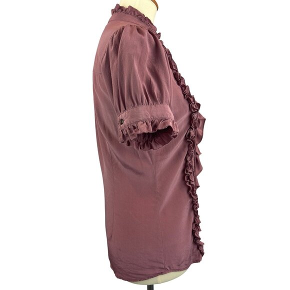 Y2K Ruffle Button Up Blouse Womens S Short Puff Sleeves Mauve Mandarin Collar - Picture 4 of 13